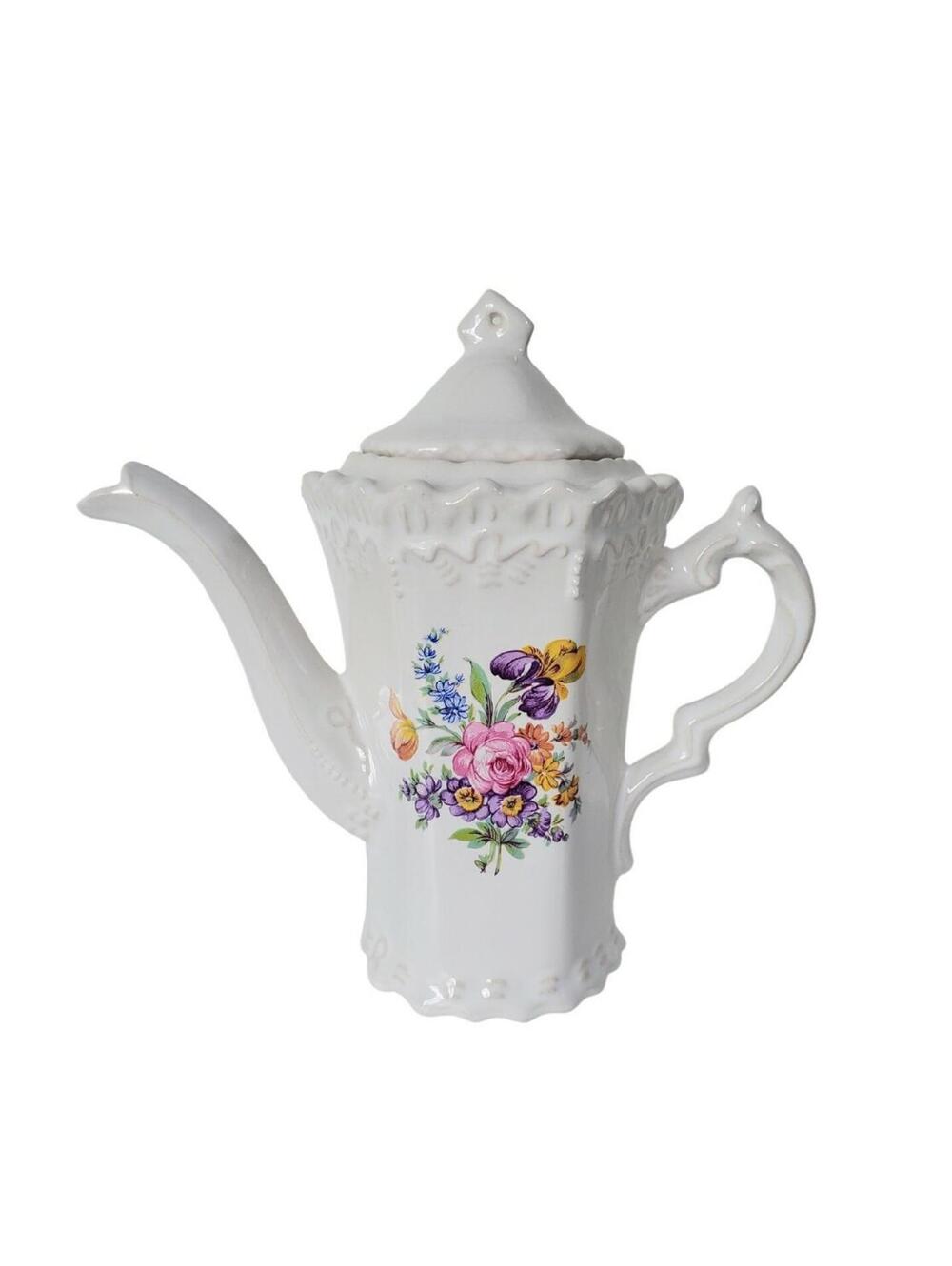 Antique Porcelain Coffee pot/Teapot Embossed Floral 3d Lace Marked With Lid